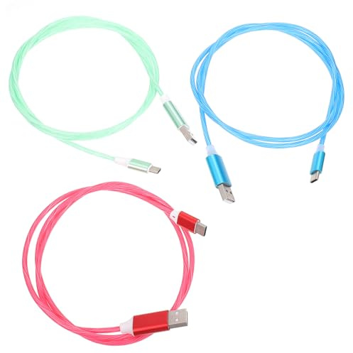 HIAKDOFT 3Pcs Type C Charging Cables with Flowing LED Light Effect Fast Usb-c Phone Charger Cords in Watermelon Red Green and Blue for Home Office Travel Use
