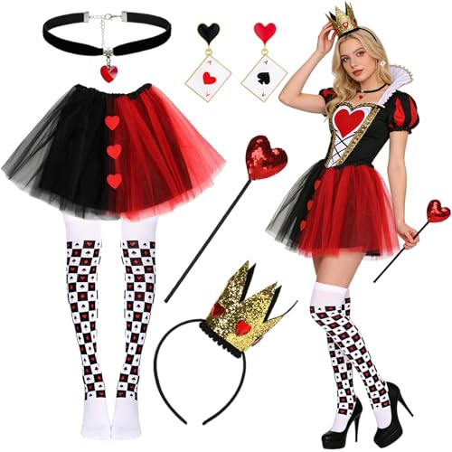 Montrestar Herzkönigin Kostüm Damen Mädchen, Tüllrock Schwarz Rot mit Herzkönigin Accessoires, Spielkarten Herz Königin Krone, Herzdame Kostüm für Halloween Karneval Mottoparty Cosplay