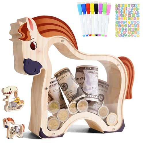 YOUYIKE Spardose für Kinder, Lustig Spardose mit DIY Namen Aufkleber 8 Buntstifte Groß Piggy Bank Personalisiert Holz Transparent Münzen Sparschwein (Pony)