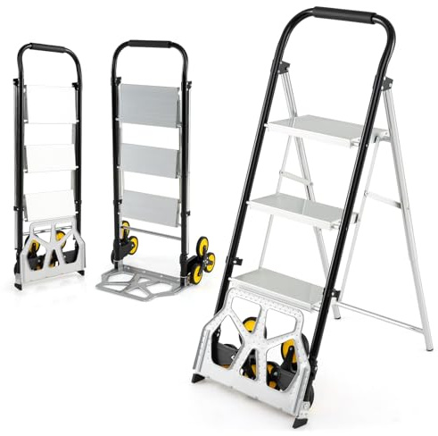 COSTWAY Carrello a Mano 2 in 1 e Scala, Scaletta Pieghevole a 3 Gradini in Alluminio con Ruote in Gomma e Pedali Antiscivolo, Carrello Portatile con Corrimano per Casa e Ufficio, Portata 250 kg