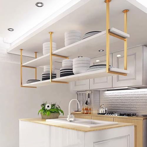 Drsyffsup Ceiling Hanging Floating Shelves Kitchens Storage Rack Pot Pan Holder Cookware Hanger Flower Stand for Bar Garage Restaurant, Easy to Install(White+Gold,60x30x80cm)
