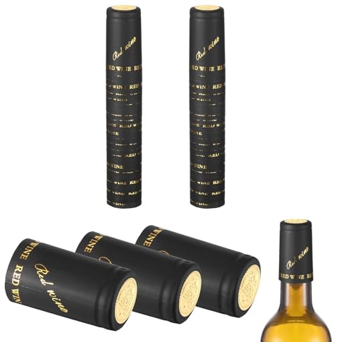sourcing map 50Pcs PVC Heat Shrink Capsules, 32mm x 50mm Wine Bottle Capsules Shrink Wrap Sleeves Bottle Corks Caps for Wine Making Cellars and Home Kitchen, Gold Grape/Black Letter Gold Foil