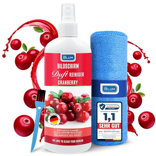 Blum 250 ml Bildschirm DUFT Reiniger Cranberry + 30 x 30 cm Mikrofasertuch - Fruchtig-frischer Duft mit streifenfreier Reinigung von Handy, Laptop, PC & TV - Screen Cleaner - Bildschirm Spray