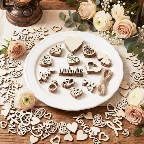 WJIAAA 394 Stück Hochzeit Deko Holz, Streudeko Hochzeitsdeko mit Holzherzen Love Diamantring Blattzweig Mr & Mrs 10m Juteschnur