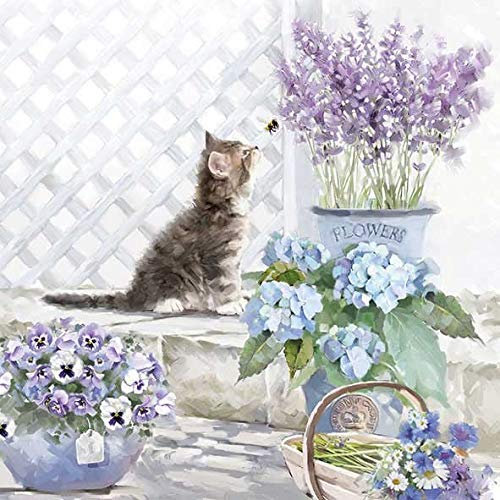 Ambiente Serviette Motiv : Kitten - Kätzchen mit Blumen - 20 Servietten pro Packung, 33x33 cm