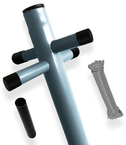FB FunkyBuys 2.4m Large Heavy Duty Galvanised Washing Line Pole Post with 60m Rope & Ground Socket – Outdoor Clothes Line Drying Rack Garden Pole for Laundry (Dark Grey, 1)