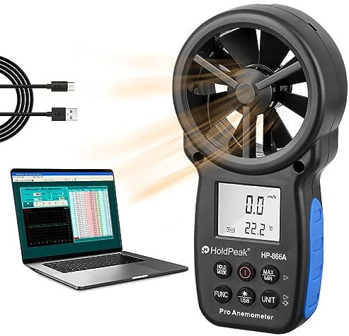 Holdpeak Digital Anemometer Handheld CFM Meter HP-866A mit USB Anschluss, Taupunkt, Luftmassenmesser mit Data Hold & USB & Relative Luftfeuchtigkeit (schwarz)