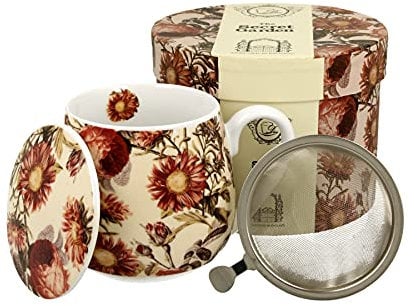Duo Kollektion Secret Garden Becher 430 ml mit Teeei und Deckel PEONY aus New Bone China Porzellan im Geschenkbox, Teetasse 3teilig Geschenkset mit teesieb, Becher mit Filter