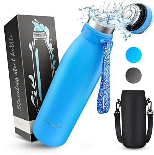 Vezato Borraccia in acciaio inossidabile - bottiglia termica senza BPA - bottiglia d'acqua a prova di perdite con doppio isolamento - bottiglia thermos lavabile in lavastoviglie (Blu, 1 L)