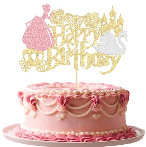 Gyufise 1Pcs Princess Happy Birthday Cake Topper Castle Crown Swan Princess Cake Topper Decorations for Princess Theme Girl Babyshower Birthday Party Decorations