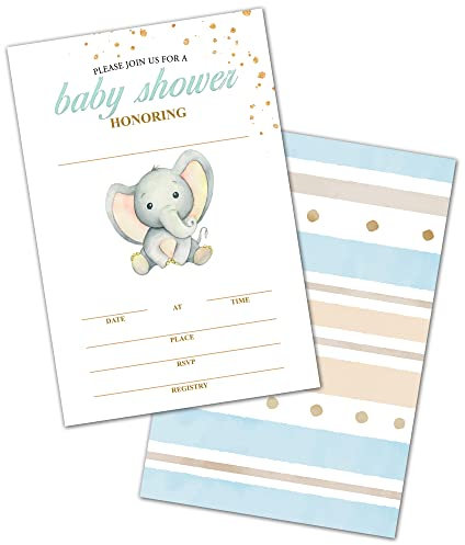 Elephant Baby Shower Invitations, Elephant Baby Shower Party Invites Cards for Boy Girl Baby Shower, Gender Reveal Party, Set of 25 Invitations & 25 Envelopes (b06)