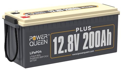 Power Queen 12,8V 200 Ah Plus LiFePO4 Batterie 200 A BMS Lithium Batterie, Max. 15000 Zyklen, 2560W Lastleistung, Stromreserve Akku von Stromausfällen, perfekt für Wohnmobil, Solaranlage, Boot