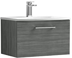 nuie ARN522G Arno Modern Bathroom Wall Hung 1 Drawer Vanity Unit with Curved Ceramic Basin, 600mm, Woodgrain Anthracite