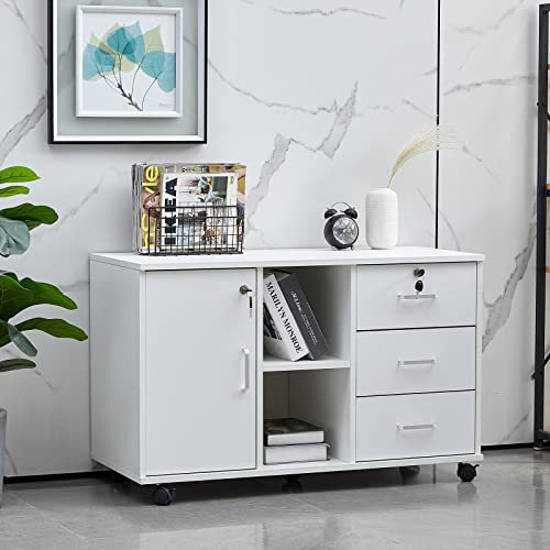 LEMROE Armoire Mobile roulante avec tiroirs verrouillables et Support pour imprimante avec étagères Ouvertes - Armoire de Rangement pour Papeterie (Blanc) D40xW90xH57