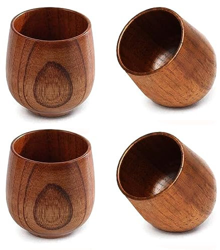 KUCKOW Lot de 4 tasses à thé en bois massif naturel de qualité supérieure, tasses à thé, café, vin, bière, boissons chaudes, 100 à 200 ml, fabriquées à la main