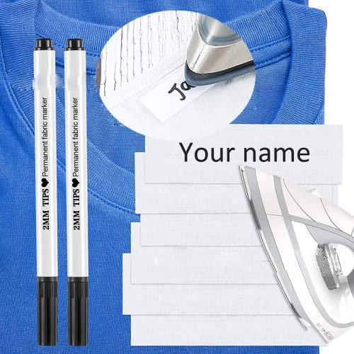 Vokowin 150 Pcs Writable Iron-On Clothing Name Labels Personalized Labels with 2 Pieces Permanent Fabric Marker for School Camp Clothes, Bags, Daycare, School, Kids, Care Homes (K114-150)