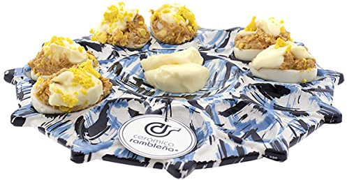 CERÁMICA RAMBLEÑA | Huevera | Plato para huevos rellenos | Bandeja cerámica | Huevos rellenos | Huevos plato | Huevera amazon | Plato huevos modelo - M07 | Decoración 100% hecho a mano | 26x26x2.5 cm