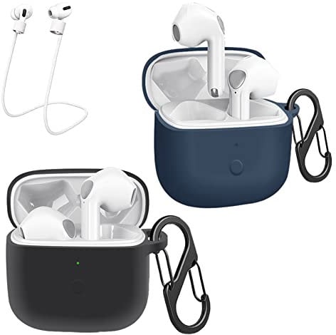 [2-Pack] easyBee Hülle Kompatibel mit SoundPEATS Air3, mit 2 Karabiner 2 Anti-Verlust-Gurte, Flüssiges Silikon Case Ultradünn Stoßfest Schutzhülle Bluetooth Kopfhörer Tasche - Schwarz und Blau