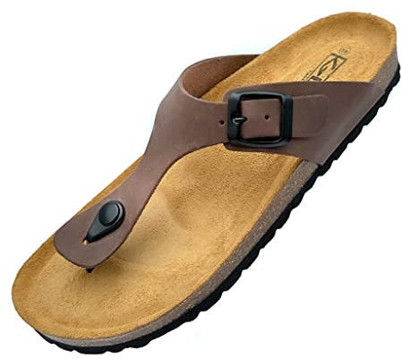 GONKOS®, Sandali in Pelle, Sottopiede Anatomico in Sughero, Vera Pelle, Sughero Naturale, Fibbia Regolabile sul Piede, Infradito Unisex, Sandali di Qualità Made in Spain, Colore Marrone Taglia 41