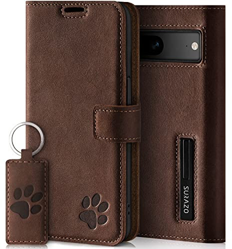 SURAZO Étui de Protection de qualité supérieure pour Google Pixel 7A 5G 5G - en Cuir véritable avec Motif Patte - Étui à Rabat RFID [avec Aimant, Fonction Support, Compartiment pour Cartes] - Marron