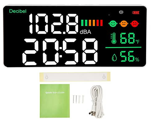 Dezibel-Messgerät, 30 Bis 130 DB, Wandmontierter Schallpegelmesser, 11-Zoll-LED-Zeit-Temperatur-Feuchtigkeits-Lärmmessgerät, Eingebaute 2000-mAh-Lithiumbatterie