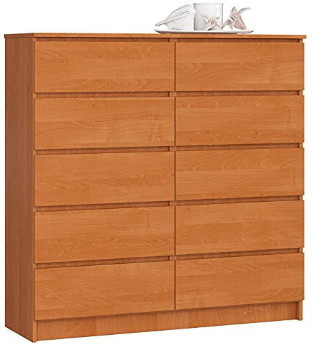 AKORD Kommode K-120 mit 10 (2 x 5) Schubladen | für das Wohnzimmer Schlafzimmer Schrank Büro Arbeitszimmer | Modernes Funktionales Design | B120 x H121 x T40 cm, Gewicht 70 kg | Erle