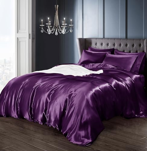 Intimates Satin Silky Bedding Sets Duvet Cover, Fitted Sheet and Pillowcases Easy Care Duvet Cover Complete Set (Double, Purple)