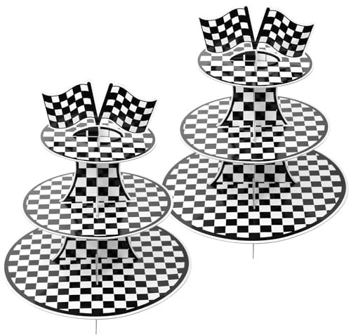 2uds Decoración Fiesta de Cumpleaños de Coche, 3 Niveles Soporte para Cupcakes para 48 Cupcakes con Bandera Cuadros en Blanco y Negro Suministros Fiestas Temáticas Coches para Niños Hombres