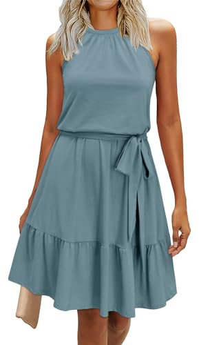 Newshows Sommerkleid Damen Knielang Elegant Kleid Neckholder Sommer Ärmellos Freizeitkleider mit Taschen(Graublau, M)