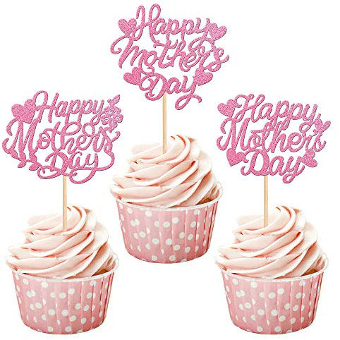 SYKYCTCY 24 Pack Happy Mother's Day Cupcake Toppers Glitter Heart Love Mother Best Mom Cupcake Picks for Happy Mother's Day Theme Women Birthday Party Cake Decorations Supplies Pink
