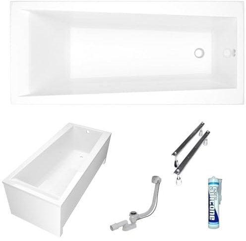 ECOLAM Baignoire rectangulaire Linda 170x75 cm | tablier acrylique | vidage et trop-plein automatique pieds et silicone | Acrylique blanc
