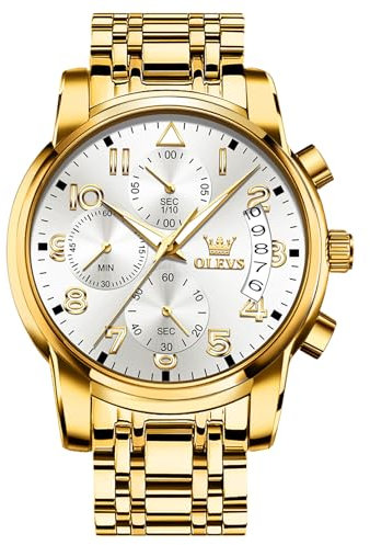 OLEVS Gold Uhren Herren Edelstahl Luxus Quarz Analog Herrenuhren Großes Weiß Zifferblatt Stylish Wasserdicht Armbanduhr Herren Chronograph Metallarmband Männer Uhr mit Datum Arabische Ziffern