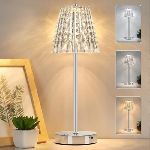 USMEI LED Tischlampe Kabellos, Kristall Tischleuchte Akku Touch mit 3 Helligkeitsmodi, Dimmbar Retro Tischlampe, Dekorative Nachttischlampe für Schlafzimmer, Wohnraum, Büro, Bars