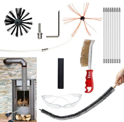 JOVANT Chimney Sweep Kit 24 Feet - Brush With 8 Nylon Flexible Rods, Rotary Cleaning System for Fireplace and Pipes