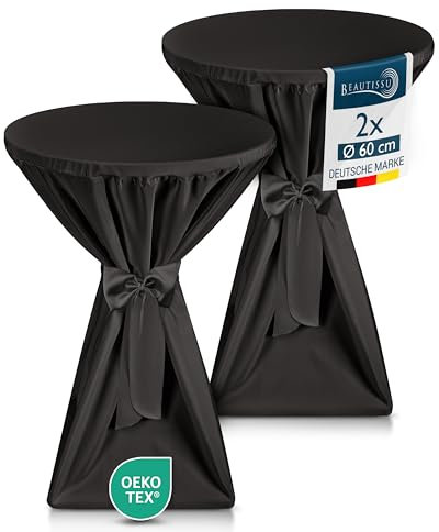 Beautissu 2X Premium Stehtischhussen 60 cm Blickdicht Schwarz – Tischhussen für Stehtische 60 cm rutschfest Bügelfrei & Waschbar Stehtischüberzug Schleifenband – Husse für Stehtisch Bistrotisch