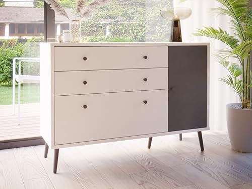 Forte Harllson, einfache Montage Dank EasyKlix Kommode Weiß mit Uni Wolfram Grau 120 130, Sideboard, 2 Schubladen 2 Türen, skandinavischer Stil, Retro, 125 cm breit x 86 cm hoch x 41 cm tief