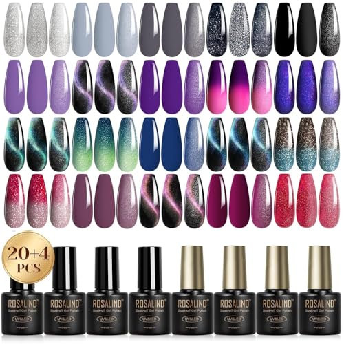 ROSALIND UV Gel Nagellack Set, 24 Stück Silber Grau Schwarz Lila Rot Farbgel, Soak-Off Magnetisch Gel Nail Polish für Nägel Design Cat Eye Thermo Gelnägel Geschenk