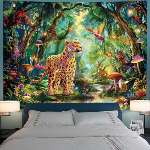 Serborlur Fantasy Forest Schwarzlicht, Gepard, Dschungel, Naturbaum, Regenwald, Hippie, Boho, Pilz, Leopard, Wandteppich für Schlafzimmer, Wohnzimmer (51,2 cm - 150,1 cm)