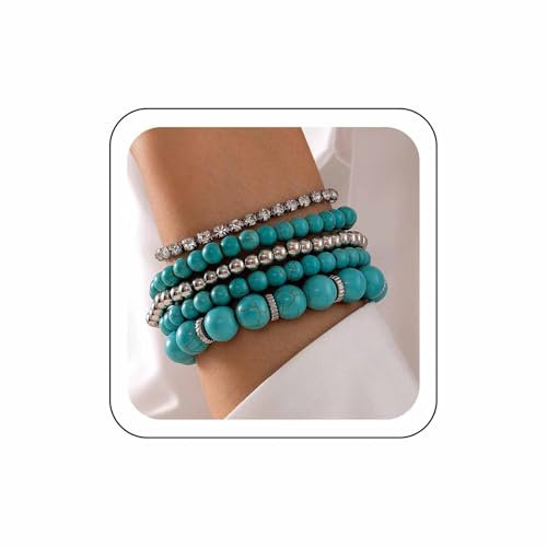Wendalern Boho Türkis Perlen Armbänder Set Stretch Türkis Strang Armband Kristall Kette Tennis Armbänder Stapelbar Runden Perlen Kette Armreifen Stapeln Handgelenke Schmuck Für Frauen