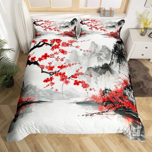 Red Plum Blossom Duvet Cover,Kids Ink Painting Bedding Set,Natural Creative Comforter Cover for Boys Girls Room Decor,Chinese Ink Bedspread Cover Single Size with 1 Pillow Case(No Comforter)