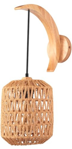 TOKTOP - Aplique de pared interior de madera, E27, cuerda de cáñamo, ratán, lámpara de pared, bohemia, luna, iluminación de pared, vintage, para dormitorio, salón, pasillo, café