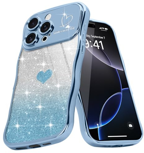 Teageo Cute Heart Pattern Curly Phone Case for iPhone 16 Pro, Wave Frame Glitter Case for Girls Women Aesthetic Bling Cover Shockproof Soft TPU Bumper for iPhone 16 Pro, Blue