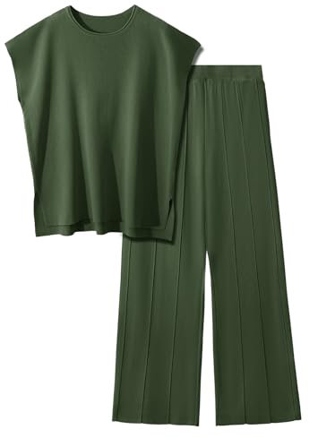 PASUDA Zweiteiler Damen Elegant Pullover Sets Hausanzug Strickpullover Tops Elastische Taille Weites Hose Lounge Sets Rundhalsausschnitt Outfit Freizeitanzug Trainingsanzug (Grün, XL)