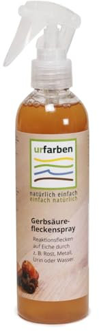 Urfarben Gerbsäurefleckenspray für die Entfernung von dunklen Flecken wie z.B. Wasser-, Metall- oder Urinflecken aus geöltem Eichenholz.