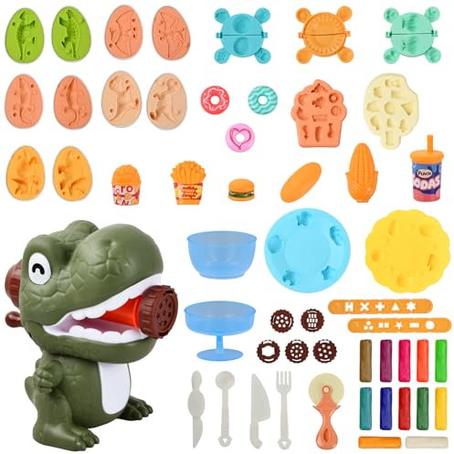 Wisebom Knete Dough Set für Kinder Dinosaurier Kinderspielzeug Kitchen Creations Nudelmaschine Spielset Knete Zubehör Spielzeug Geschenk für Mädchen Junge 2-10 Jahre 47 STK.