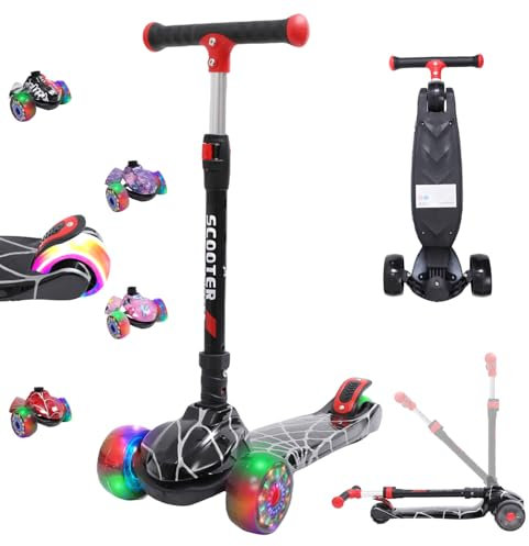 Kinderroller mit LED Leuchträdern, Klappbar Tretroller 3-12 Jahre, Höhenverstellbar Scooter für Mädchen & Jungen, Roller Kinder mit Rutschfesten Griffen & Hinterradbremse, Schwarz Spinnennetz Design