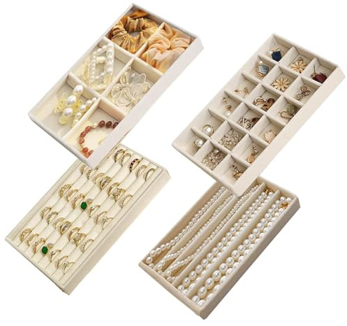 Jinavoty Jewelry Drawer Organizer Inserts Set of 4, Jewelry Organizer for Drawer Velvet Jewelry Tray Storage for Earring Ring Necklace Watch Bracelet (Beige)