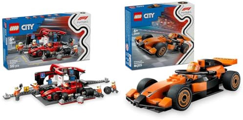 LEGO City F1 Stand de Pits & Équipe de Pits avec Voiture Ferrari + Pilote F1 avec Figurine Pilote de Voiture de Course McLaren pour Garçons & Filles ou Fans de Sport Automobile 60443 + 60442