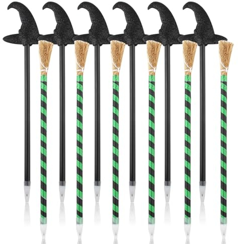 Xbessc 12 Stück Hexenbesen Kugelschreiber Hexen Zubehör | Gestreifte Hexenbesen Pailletten Schwarzer Hexenhut Kugelschreiber Zauberstab Stifte für Halloween Hexenparty Partysgeschenk
