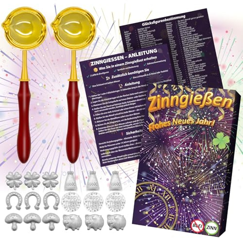 WAMIOKAGRO Zinngießen Silvester Set 2026-2 Löffel & 18 Figuren & Orakelheft, Gesunde Alternative zum Bleigießen Set und Wachsgießen Silvester Spiele, Zinn Gießen Neujahrsgeschenke Deko Partyspiele